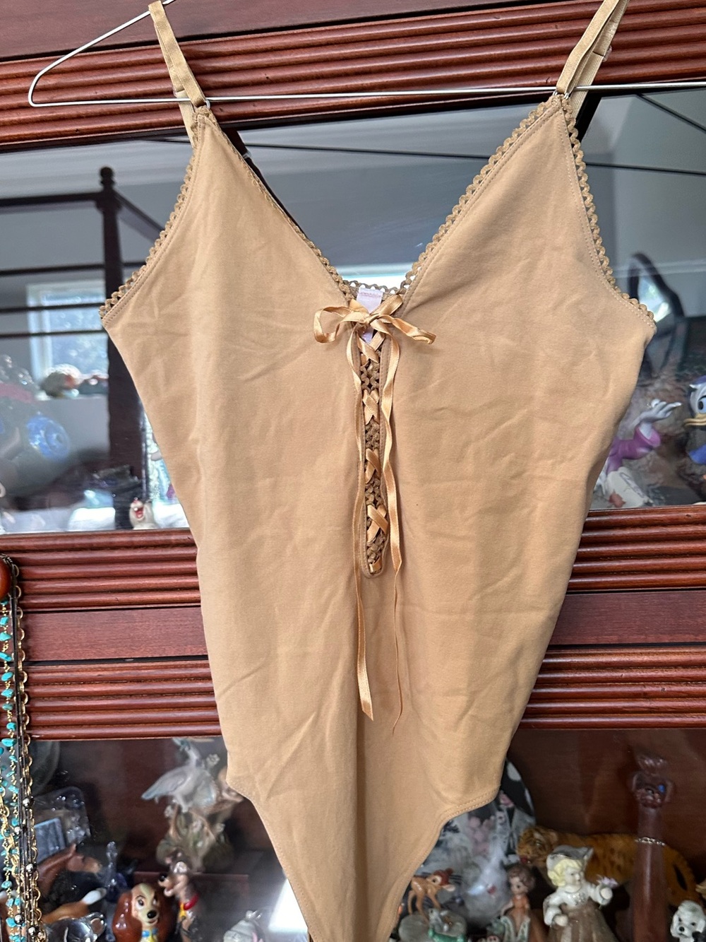 Vintage Victorias Secret 2003 Women's Beige Lace-Trim Bodysuit